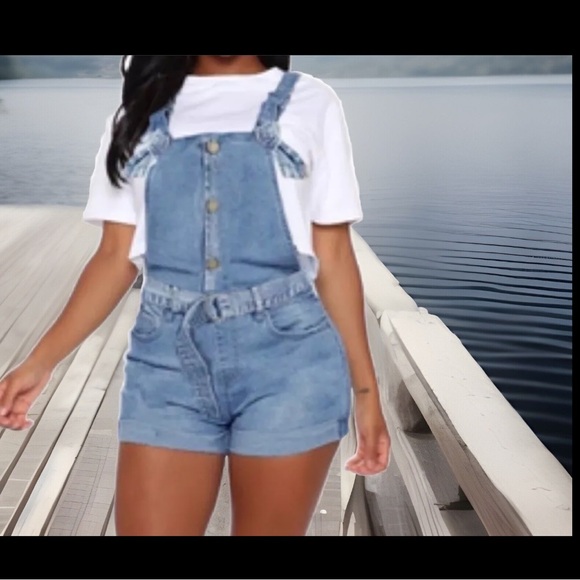 Vintage 90’s Stone Wash Style Button Bandage Design High Waist Overalls shorts - Picture 1 of 16